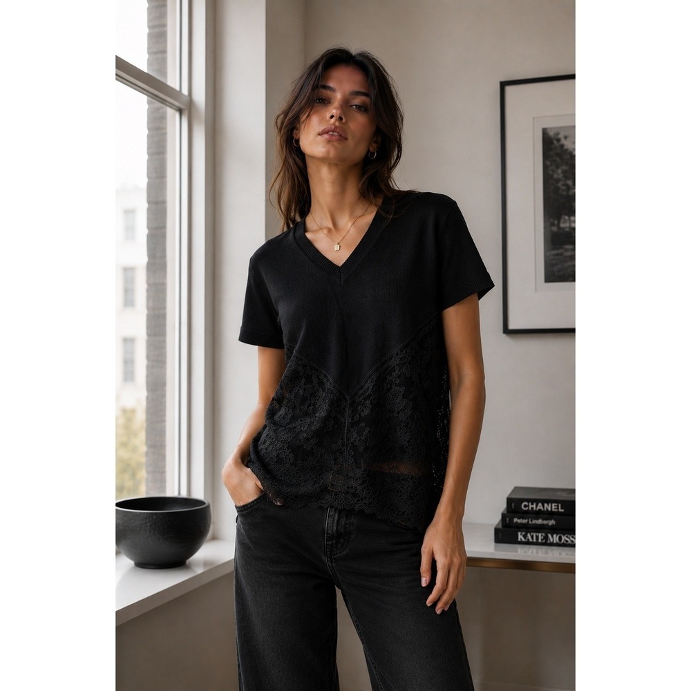 N21 Top Womens Small Black Lace Trim Virgin Wool Sweater Goth Romantic Designer